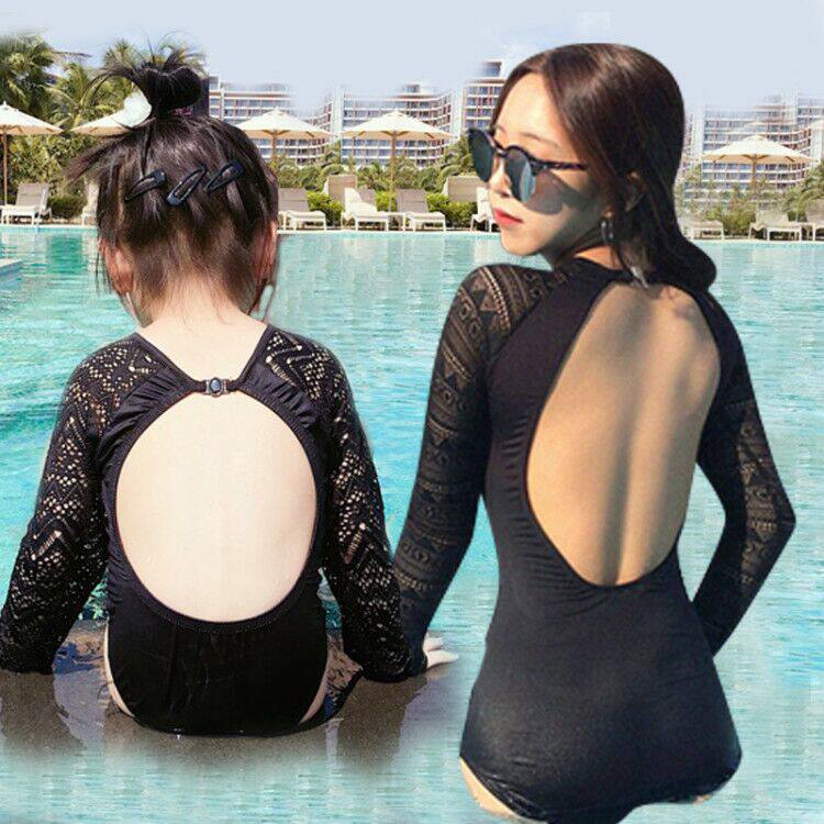 Korean version ins fashion trend lace backless girl mother one-piece swimsuit parent-child mother and daughter net red swimsuit