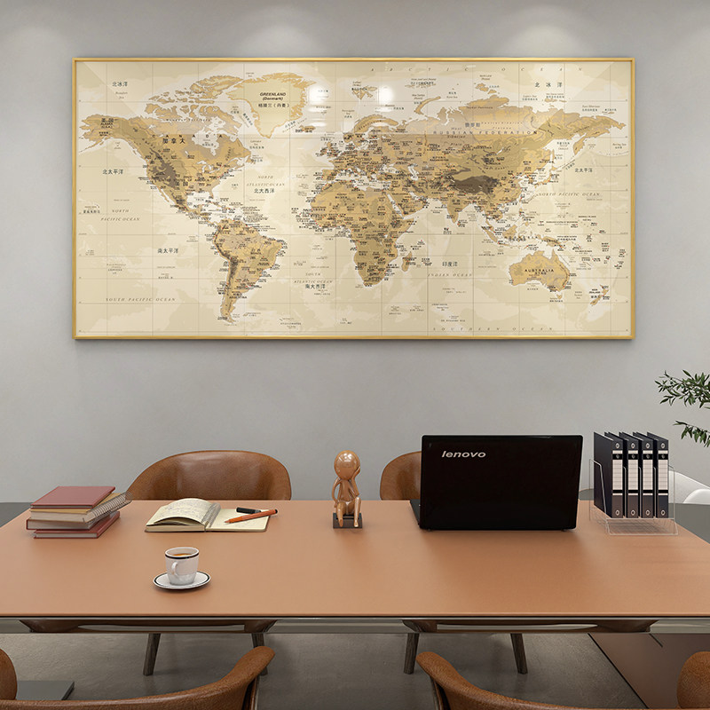 レトロスタイルの世界地図の壁掛け。中国語と英語の二言語表記があり、リビングルーム、書斎、オフィス、会議室などに最適です。