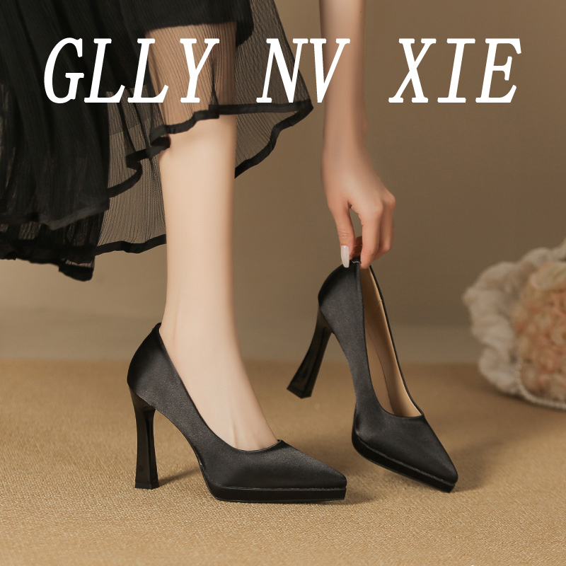Black Simple Satin Thick-Soled Waterproof Platform High-Heeled Shoes for Women, Versatile and Elegant Pointed-Toe Single Shoes, Commuting Stiletto Work Shoes