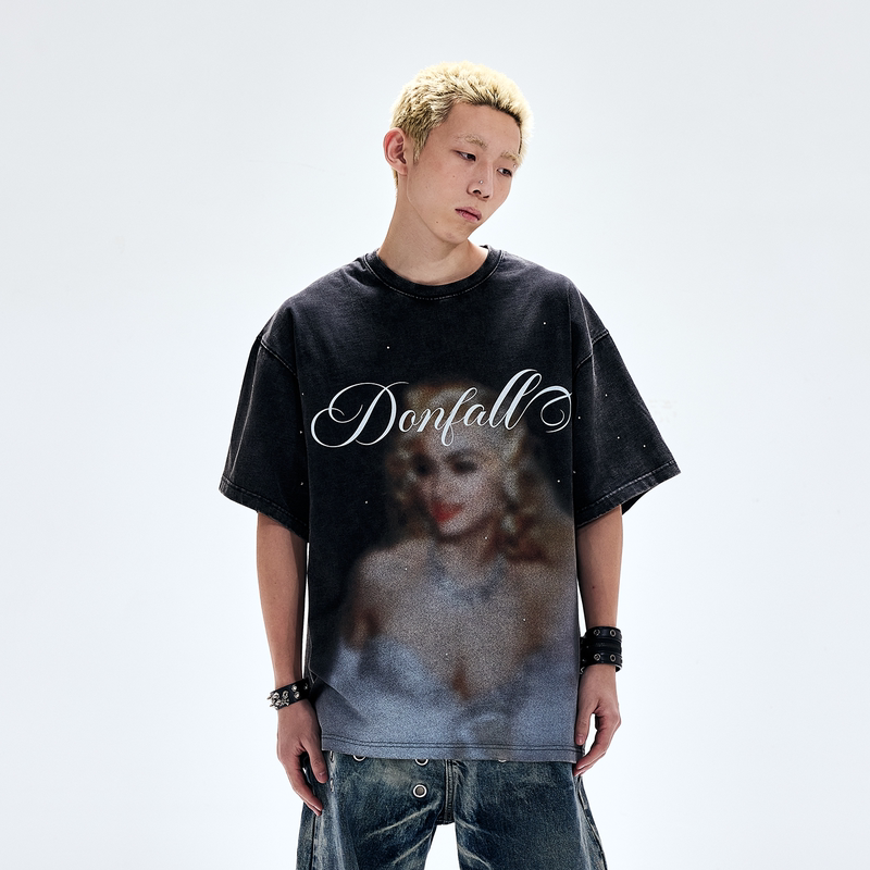 Donfall Blurred Madonna Short Sleeve T-Shirt Spring/Summer New American Retro Personalized Print Pure Cotton Rhinestone Short T-Shirt