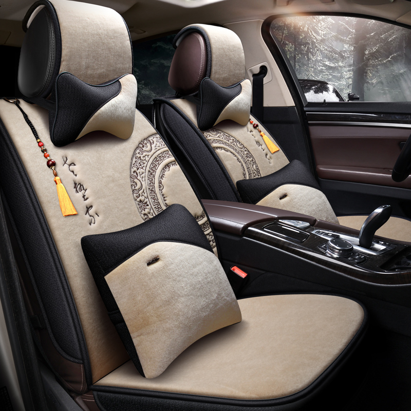 Guofeng pure wool car seat cushion winter short plush warm thickened edging retro seat cushion sheep shearling car seat cover
