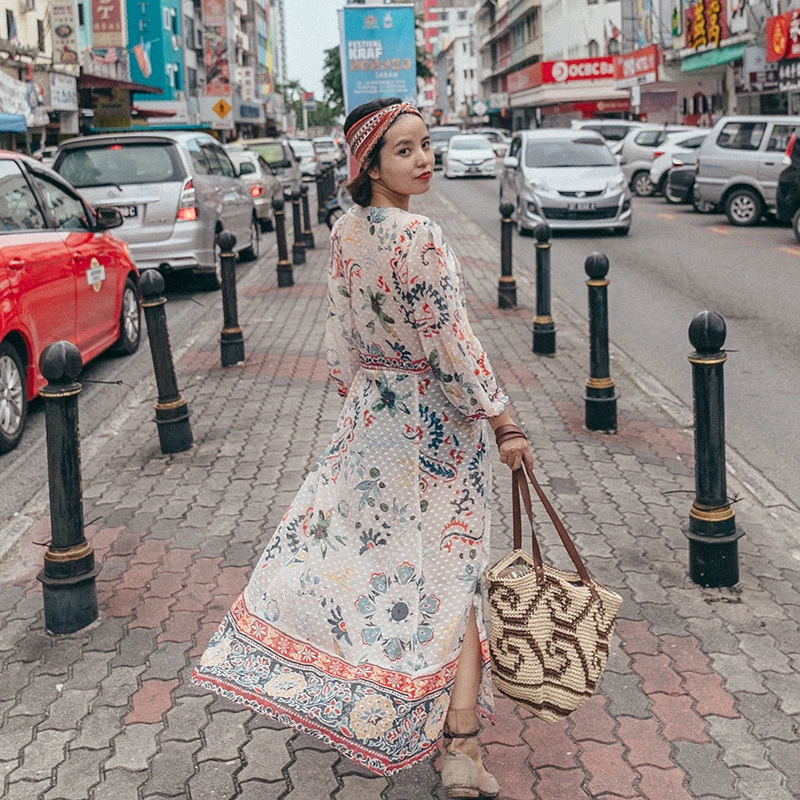 Váy cardigan in họa tiết bohemian, váy nữ thần eo cao phong cách dân tộc Bali trong kỳ nghỉ lễ ngắn ngày - Váy eo cao