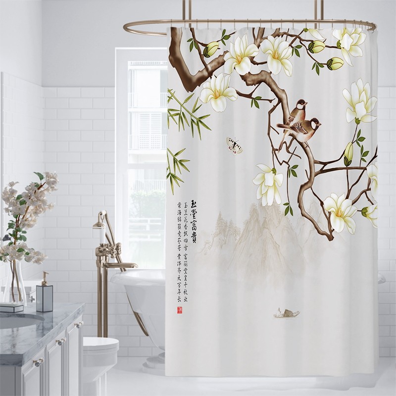 Bath curtain partition window door curtain New Chinese style flower Bird picture China Wind Yulan magpie high-end thickened waterproof and mildew-proof