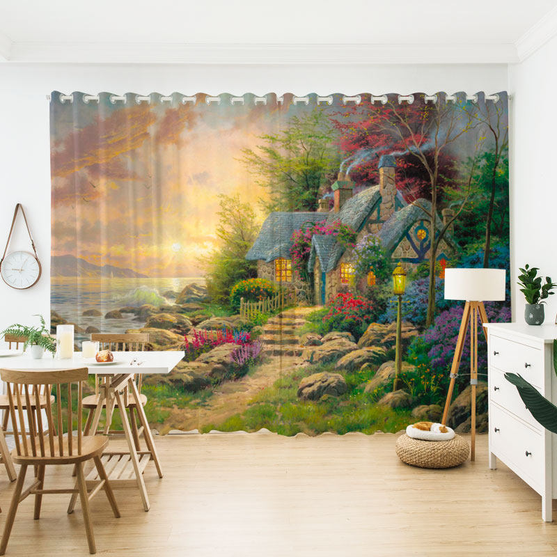 Customize Modern Personality Impression Style Cartoon Castle Scenery Oil Painting Bedroom Living Room Window Curtain cord yarn Half all shading