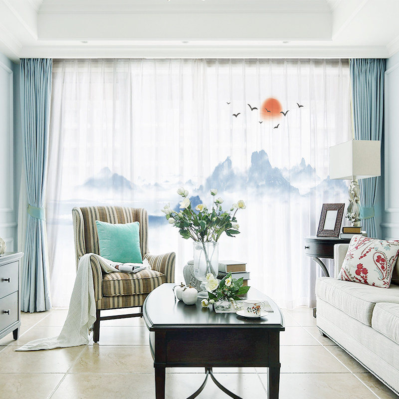 Chinese style curtains Bedrooms Water ink landscape view Living room Floor book room Hotel Minjuku Floating Window Shade