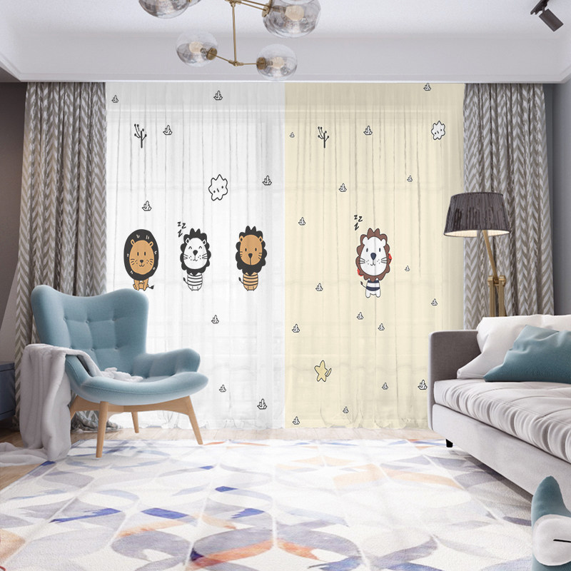 Cartoon Cute Animals Small Lions curtains Children's room Boys Bedroom Shading Floating Window Veil free of punch