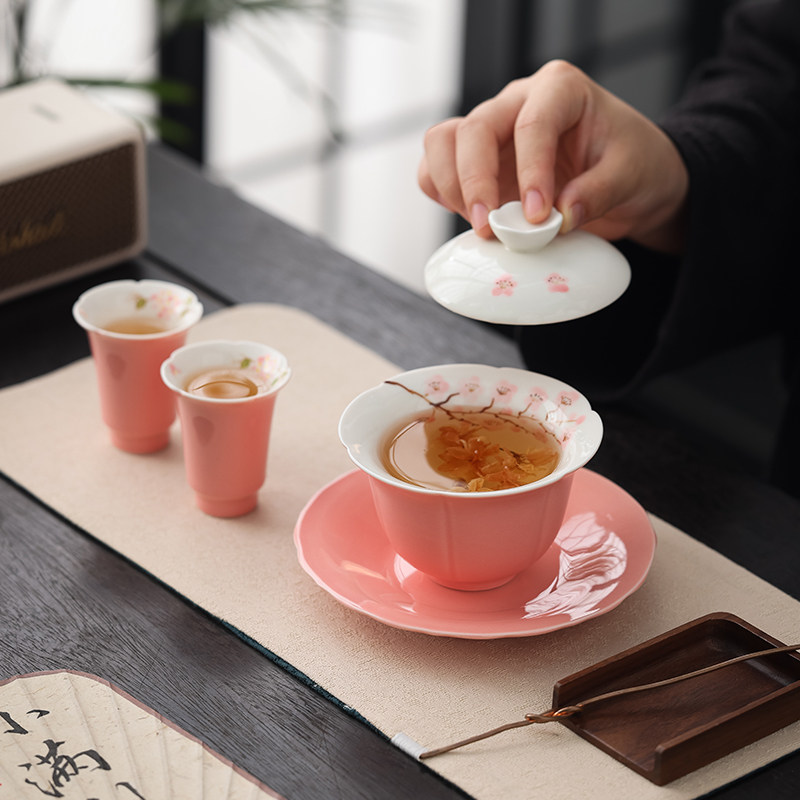 Pink Cover Bowl tea Single Chinese hand painted plum ceramic Kung Fu tea Set Home Jane about three only cover Bowl Tea Cup-Taobao