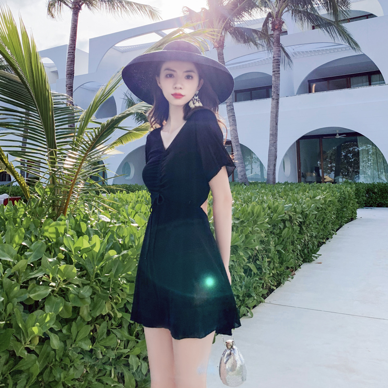 Conservative swimsuit women's summer cover belly thin fairy fan skirt one-piece black 2021 new South Korea ins seaside