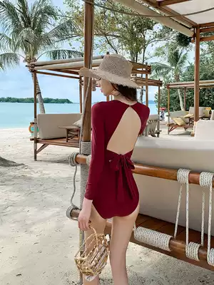 2021 new swimsuit women sexy thin Belly Belly Korean ins Wind one-piece Conservative long sleeve sunscreen backless seaside