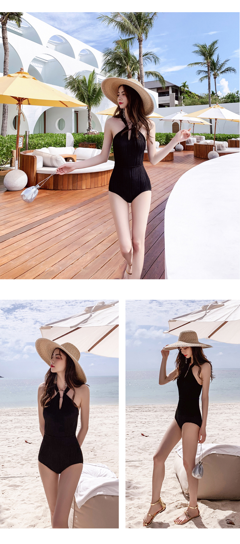 Áo tắm nữ Hàn Quốc năm 2014 mới bảo thủ áo tắm một mảnh màu đen gợi cảm che lưng áo tắm thon gọn - Bộ đồ bơi One Piece bikini liền thân màu đen