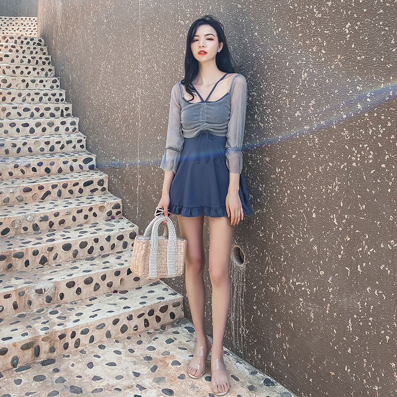 2021 new swimsuit women's summer conservative thin belly cover-up long-sleeved student Korea ins wind fairy fan one-piece skirt