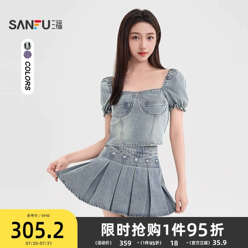 三福 Джинсовый летний комплект, модная юбка в складку, плиссированная юбка