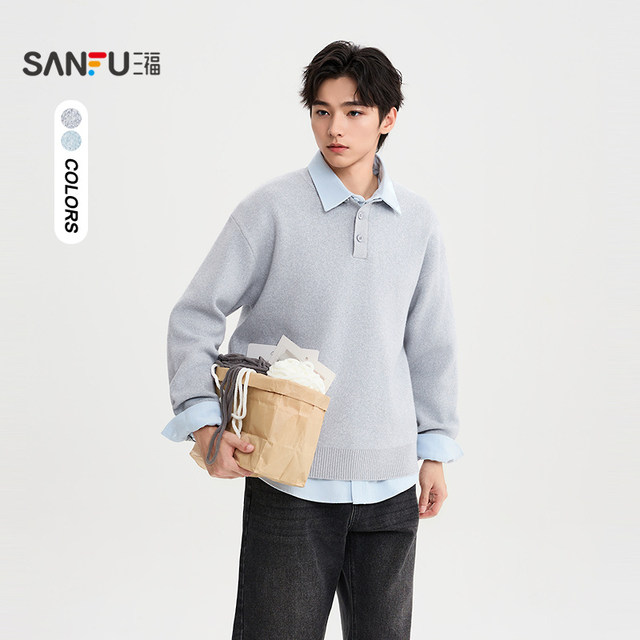 Sanfu 2025 Winter Men's Simple Solid Color Henley Collar Sweater Casual Loose Pullover Top 510197