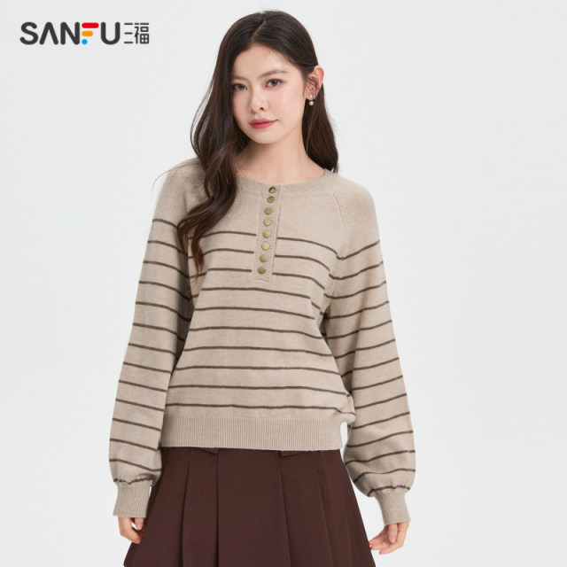 Sanfu sweater 2024 ໃຫມ່ພາກຮຽນ spring ແລະດູໃບໄມ້ລົ່ນ retro lazy striped round neck loose fashion knitted top ຂອງແມ່ຍິງ 475549