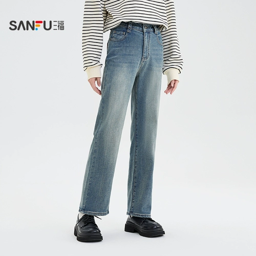 三福 Весенние джинсы, удерживающие тепло черные штаны, тренд сезона, по фигуре, свободный прямой крой, подходит для подростков