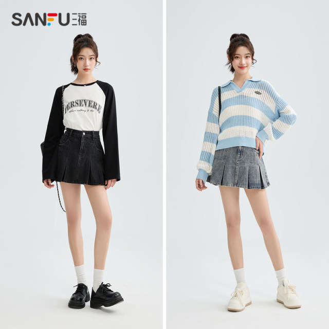 Sanfu short skirt 2024 new spring small high-waisted a-line denim pleated half-length skirt for women 481871