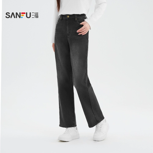 三福 Весенние джинсы, удерживающие тепло черные штаны, тренд сезона, по фигуре, свободный прямой крой, подходит для подростков
