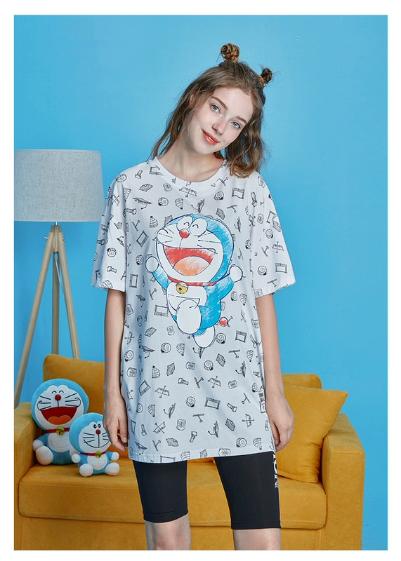 Sanfu Nữ Bộ Pajama Mùa Hè Doraemon IP Cổ Tròn Tay Ngắn Cưỡi Đồ Mặc Nhà Thông Thường 427741 - Cặp đôi