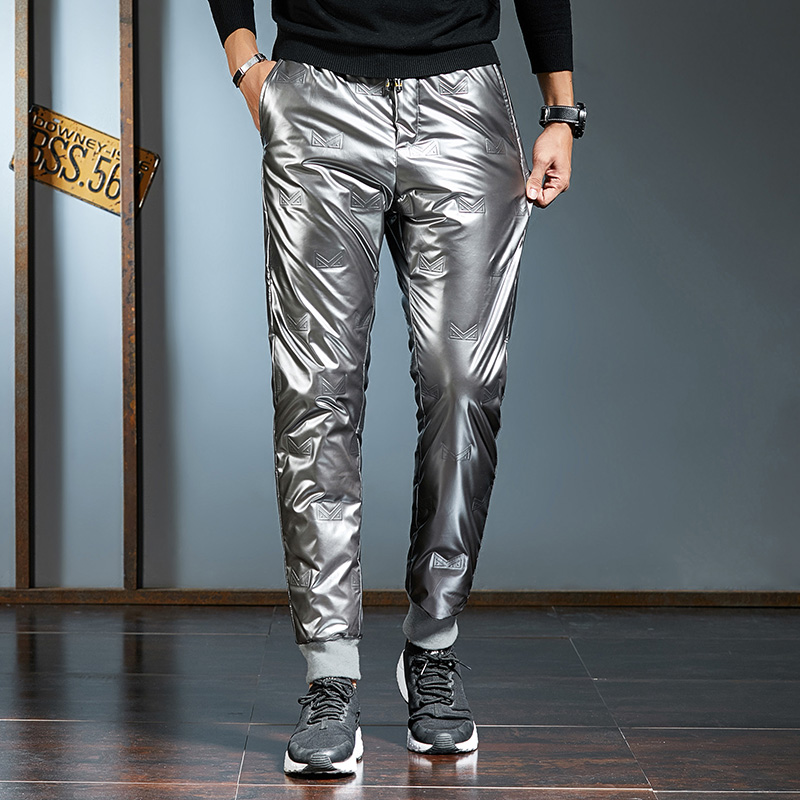 Winter silver shiny down cotton pants men's thickened cold-proof warm pressed micelle feet outdoor sports long pants