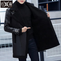 Mens velvet leather jacket long 2019 new fur one-piece winter thickened warm jacket handsome young man