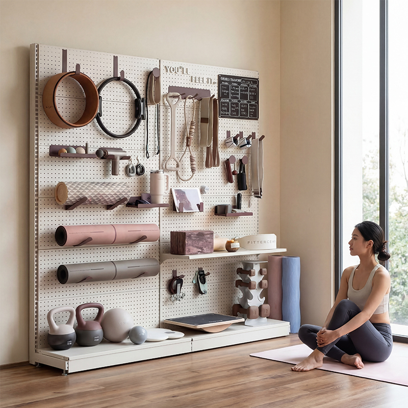 Wall-Mounted Pegboard Storage Rack for Yoga and Fitness Equipment, Metal Home Gym Equipment Organizer Wall-Mounted Pegboard Storage Rack for Yoga and Fitness Equipment, Metal Home Gym Equipment Organizer