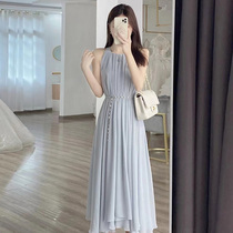 Summer sleeveless hanging neck one-piece dress 2022 new style Slim Vest Skirt casings waist lacing sweet and snow-spinning dresses