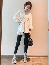 Counter striped shirt womens design sense niche 2021 spring loose mid-length irregular Western style long-sleeved shirt