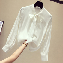 Counter design sense niche chiffon shirt womens top 2021 spring new retro bow long-sleeved white shirt