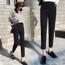 Wool casual suit pants womens autumn and winter high waist thin feet straight tube loose hanging nine-point pants black small trousers