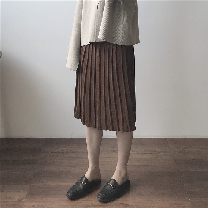 Muzi 18 mùa thu / retro màu rắn khâu xếp li đan váy váy nữ Lạc Đà / xanh / cà phê / Hải Quân / đen chân váy màu be