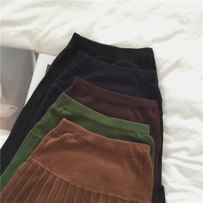 Muzi 18 mùa thu / retro màu rắn khâu xếp li đan váy váy nữ Lạc Đà / xanh / cà phê / Hải Quân / đen chân váy màu be