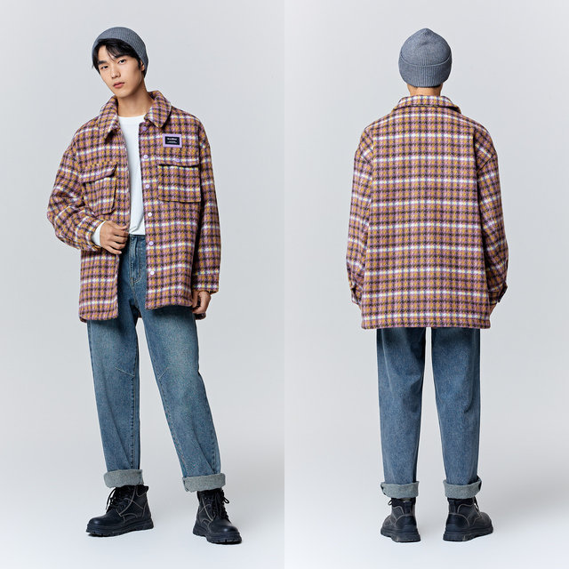 Semir woolen men's winter classic plaid mid-length couple's top of Korean fashion shirt style loose coat trendy