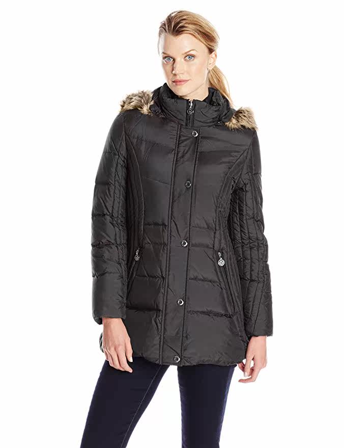 Lady Anne Klein's medium long version with cap down jacket removable cap AK009 US straight mail