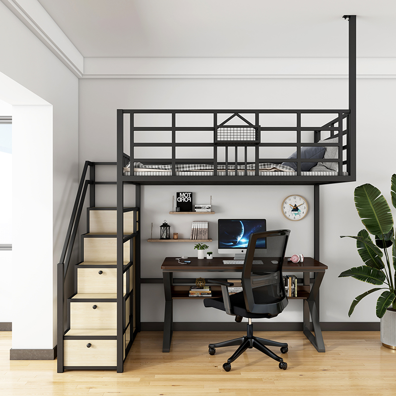 New Style Loft Bed with Iron Frame, Space-Saving Iron Art Loft Bed, Multifunctional Apartment Dormitory Bed with Elevated Bed and Desk Underneath
