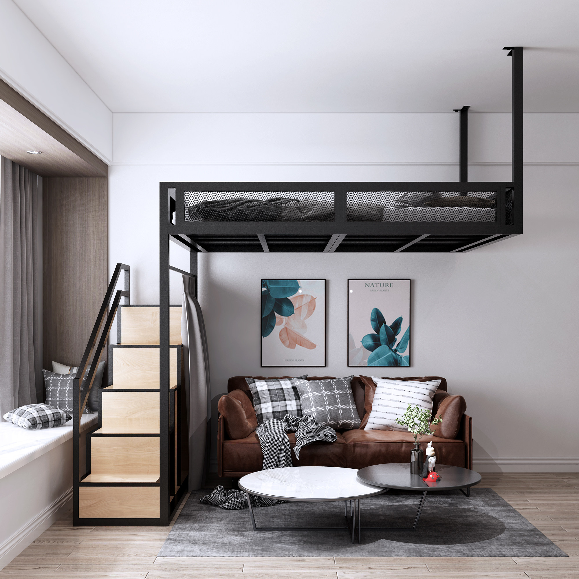 Nordic Small Family Loft Overhead Bed Multifunction Loft Bed Double Iron Art Apartment bed hanging sheet upper floor-Taobao