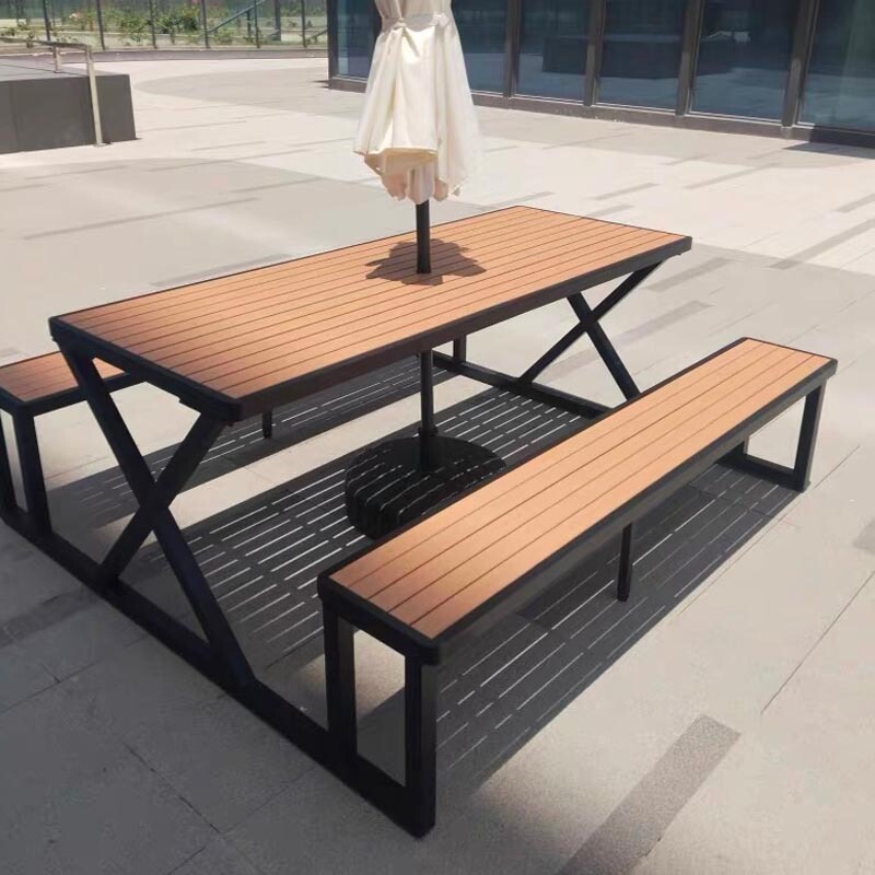 Outdoor Wrought Iron Table and Chair Set, Plastic Wood, Waterproof and Sun-Resistant, Outdoor Cafe, Milk Tea Shop, Commercial Street Long Table and Chairs