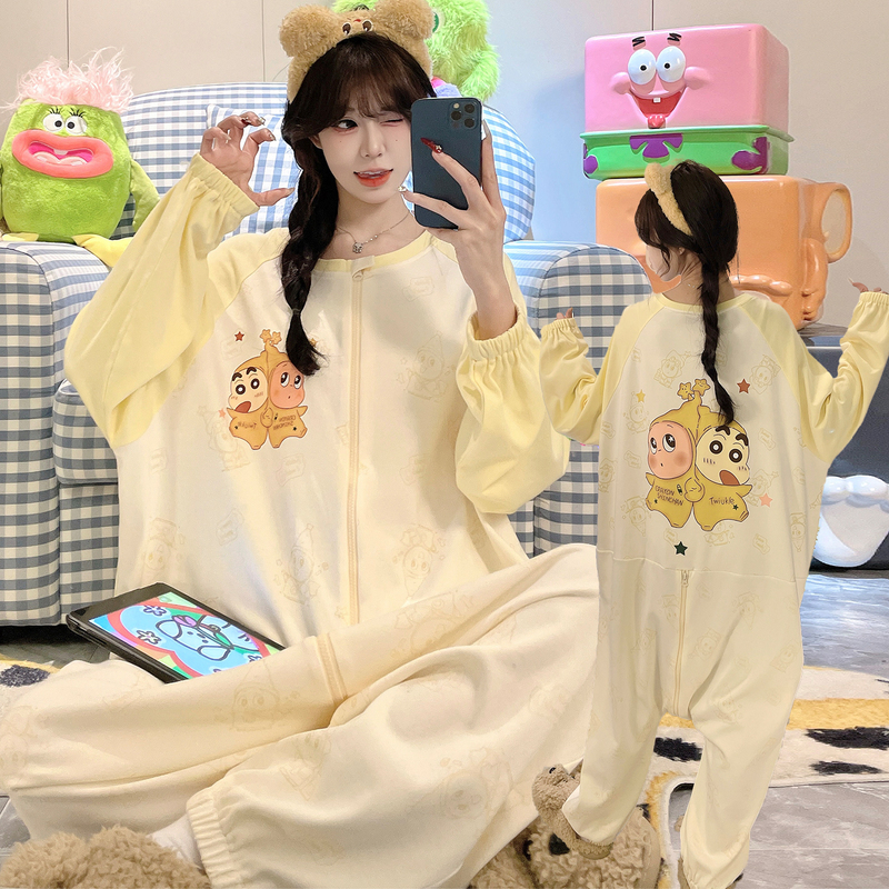 Girls' One-Piece Pajamas with Zipper, Pure Cotton, Cartoon Design, for College Students, Spring and Autumn 2026 New Style, One-Piece Cotton Sleeping Bag for Girls