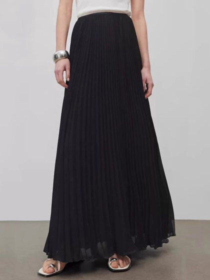 大码设计感松紧腰雪纺半身裙女胖妹妹高腰mm双层压褶a字纱纱长裙