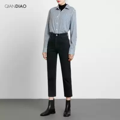 Black high-waisted straight jeans women loose thin 2021 autumn and winter New slim eight nine points pipe pants