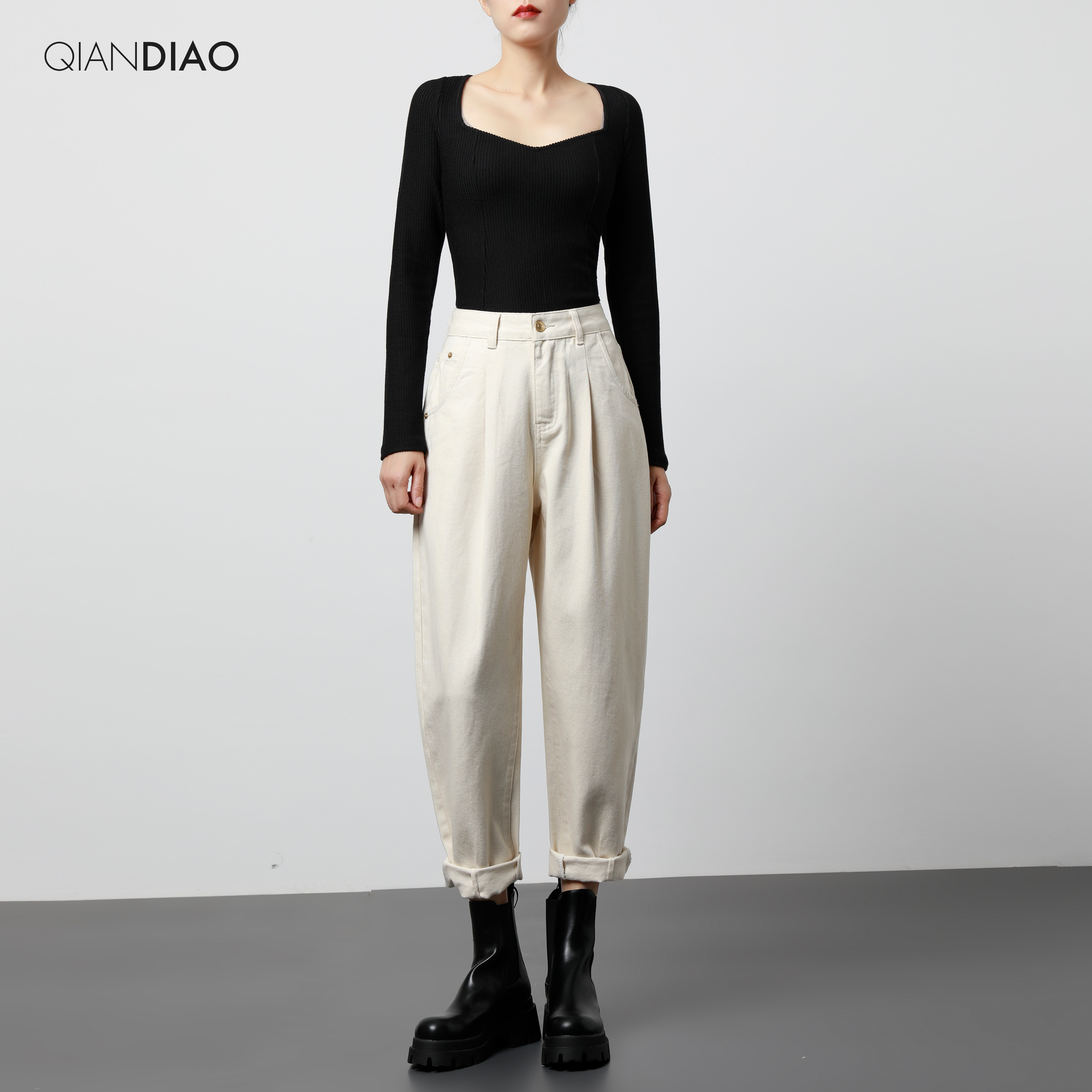 Off-white jeans women's high-rise straight pants 2021 fall new loose tapered slim Harun Daddy radish pants