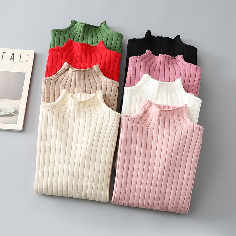 Girls Pullover Sweater Spring Autumn 2022 New Western Style Children's Half Turtleneck Bottoming Shirt White Little Girl Knit Sweater