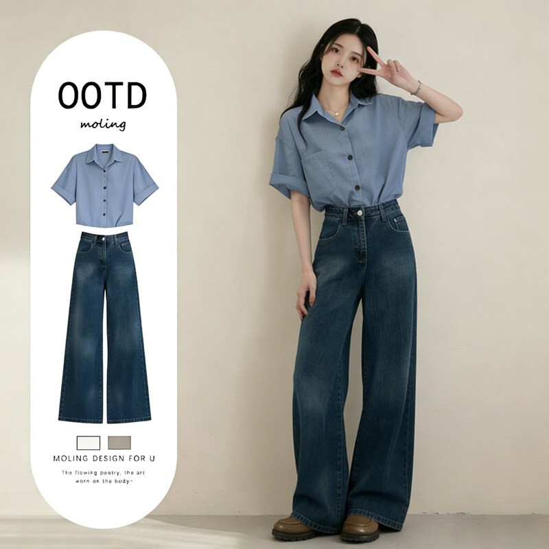 A Complete Set of Chic Summer Outfits for Work and Commuting, Korean-Style Elegant Lapel Casual Shirts and Slimming Jeans Suits