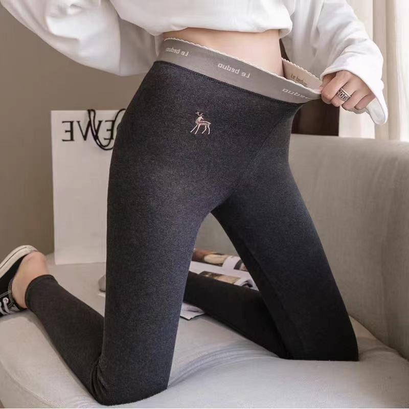 Japanese pure cotton internal lap pants female plus suede thickened high waist close-up abdominal tight elastic display slim warm smoke tube pants outside