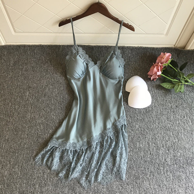 New sexy pajamas women's summer thin section with chest pad ice silk halter sling night dress lace private hot