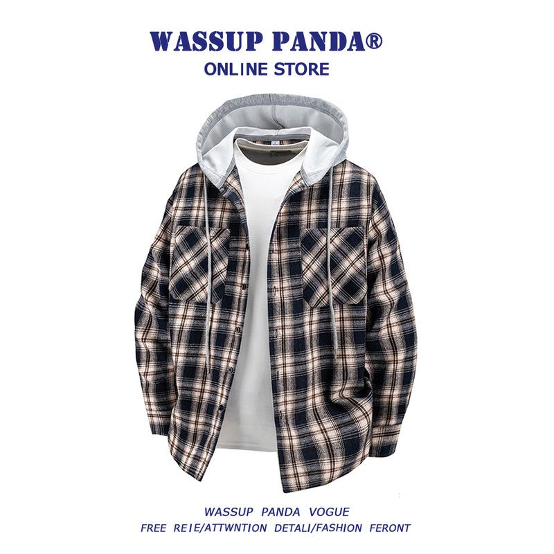 Wassup Panda Hooded Plaid Shirt for Men, Spring and Autumn, Loose and Versatile, Long-Sleeved Fake Two-Piece Casual Shirt Jacket