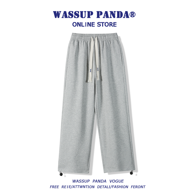 Wassup Panda Gray Sweatpants for Men, Versatile Trendy Brand Straight-Leg Casual Long Pants, Wide-Leg Loose Drawstring Joggers