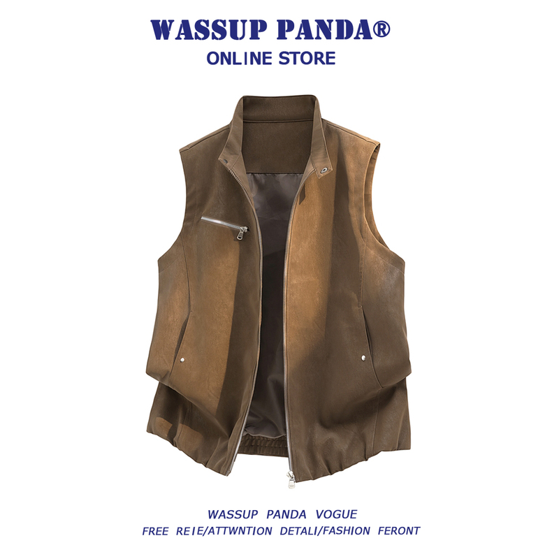 Wassup Panda American Retro Pu Leather Stand-Up Collar Vest Men's Autum New Sleeveless Waistcoat Jacket