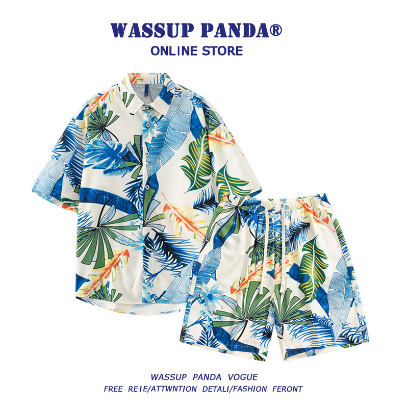 Wassup Panda Hawaiian Style Shirt Suit Men's Summer Vacation Short-Sleeved Shorts Seaside Beach Floral Shirt