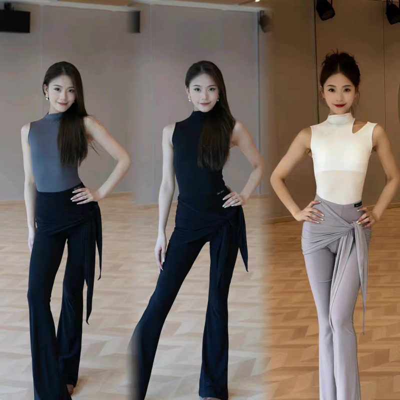 2025 Latin Dance Clothing, Simple Hollow-Out Top, Slightly Flared Long Pants, Professional Latin Dance Practice Clothes, Performance Clothes