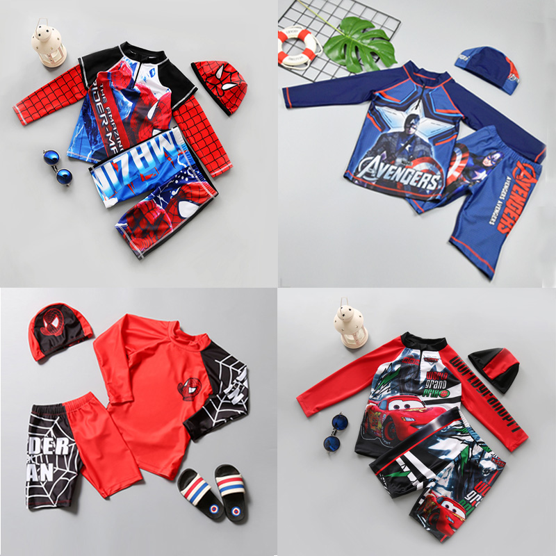 Children's swimsuit Boys middle and large children's long-sleeved boxer shorts cartoon swimming suit Beach sunscreen quick-drying hot spring vacation